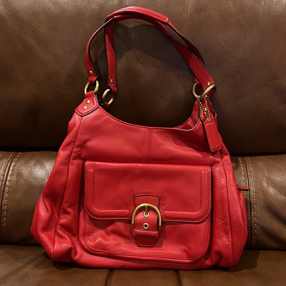 Coach Handbag in Red Leather with Gold Accents